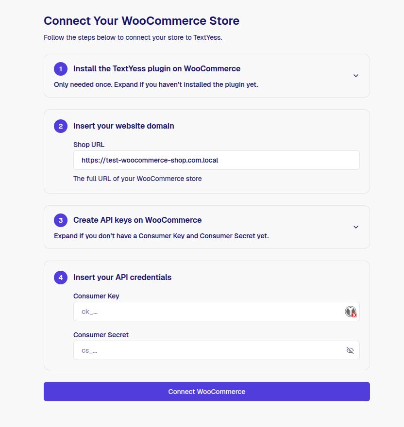 WooCommerce onboarding - TextYess docs